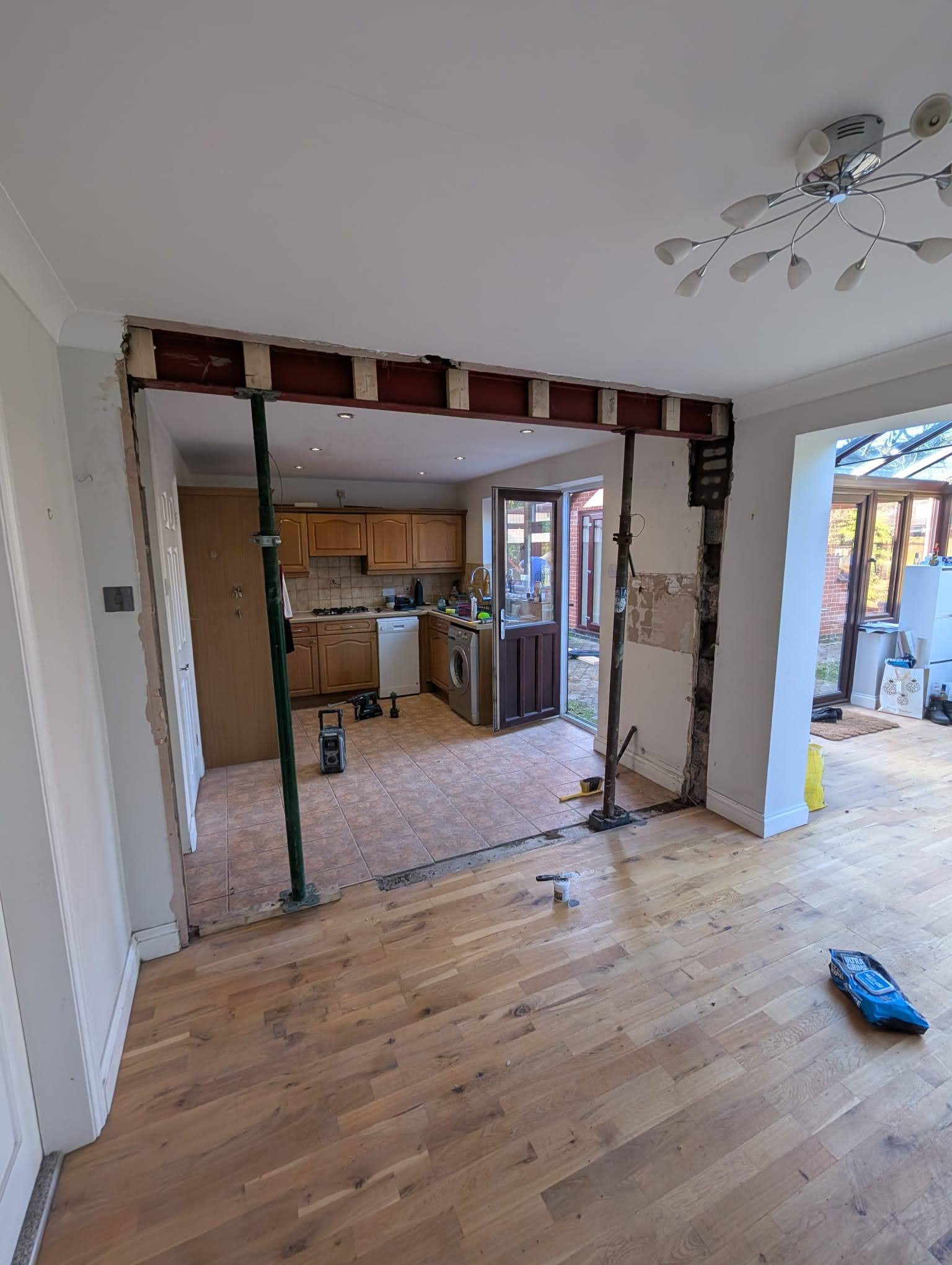 Open-plan kitchen opening during works